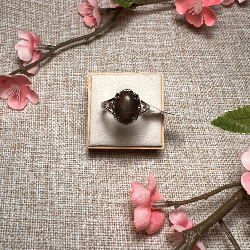 Size 10 | Silver Boho Gemstone Ring – Large Oval Brown Jasper, Chunky Statement
